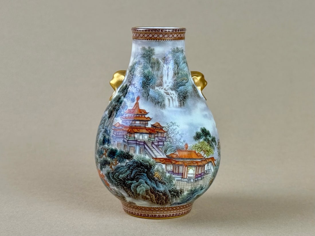 An Exquisite Sauce Color Painted Gold Landscape Pattern Double-Ears Vase: An Exquisite Sauce Color Painted Gold Landscape Pattern Double-Ears Vase,Qing Dynasty, China,Qianlong Six‑character Mark,Size:1.2inx3.9inx2.7inx1.5in 酱彩描金山