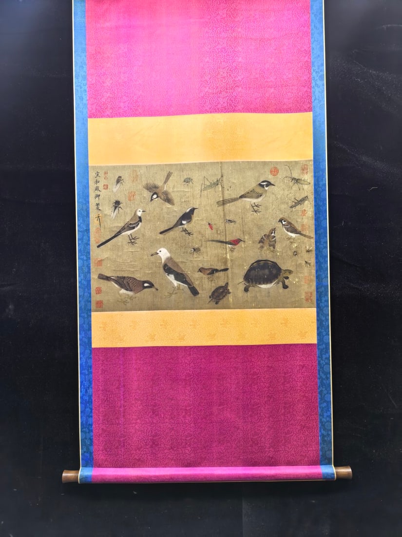 A Chinese Vertical Scroll Ink Painting of Flower and Bird on Silk: A Chinese Vertical Scroll Ink Painting of Flower and Bird on Silk,Song Dynasty, China,Emperor Huizong of Song,without frame size:27inx17.7in