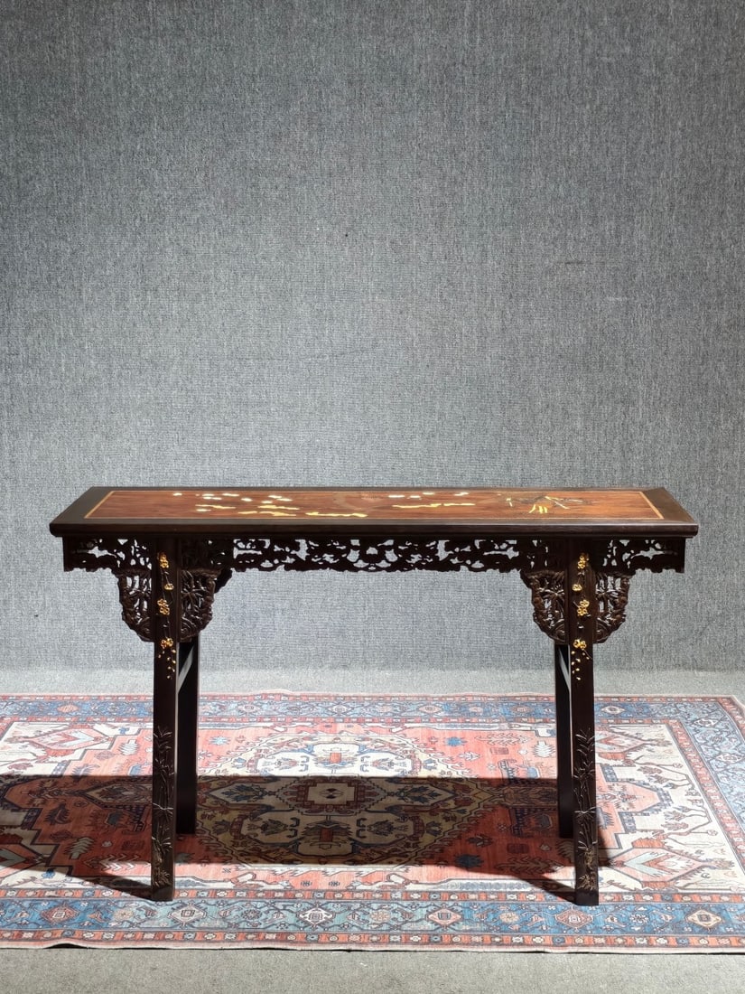 An Exquisite Huanghuali Wood Inlaid Pine Bamboo Pattern Long Narrow Table (1 of 15)