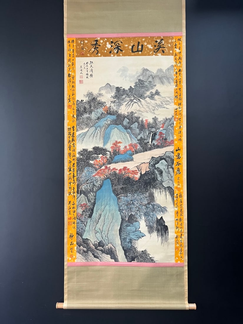 A Chinese Vertical Scroll Ink Painting of Landscape on Paper: A Chinese Vertical Scroll Ink Painting of Landscape on Paper,Modern Time of China,Wu Hufan,without frame size:29.5inx57.5in