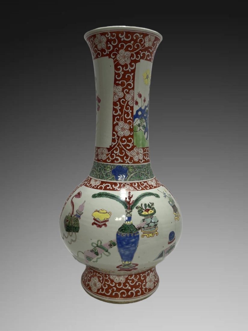 An Exquisite Wucai Flower Pattern Vase: An Exquisite Wucai Flower Pattern Vase,Qing Dynasty, China,Size:18inx5.3in 五彩花卉纹瓶,中国清代