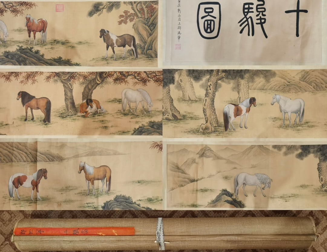A Chinese Hand Scroll Ink Horse Painting on Silk: A Chinese Hand Scroll Ink Horse Painting on Silk,Qing Dynasty, China,Giuseppe Castiglione,without frame size:307.1inx26.4in 一幅中国水墨绢本马