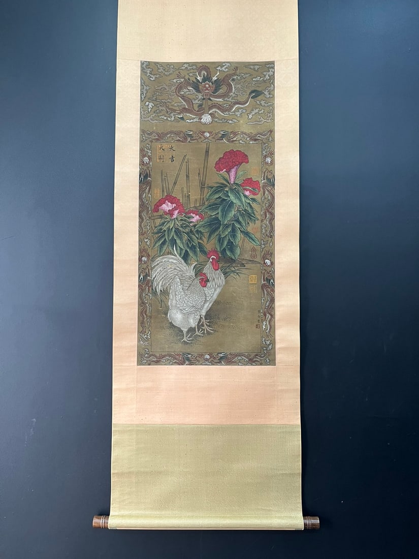 A Chinese Vertical Scroll Ink Painting of Flowers and Birds on Silk: A Chinese Vertical Scroll Ink Painting of Flowers and Birds on Silk,Song Dynasty, China,Cui Bai,without frame size:16.1inx35.8in 一幅中国水墨绢本花