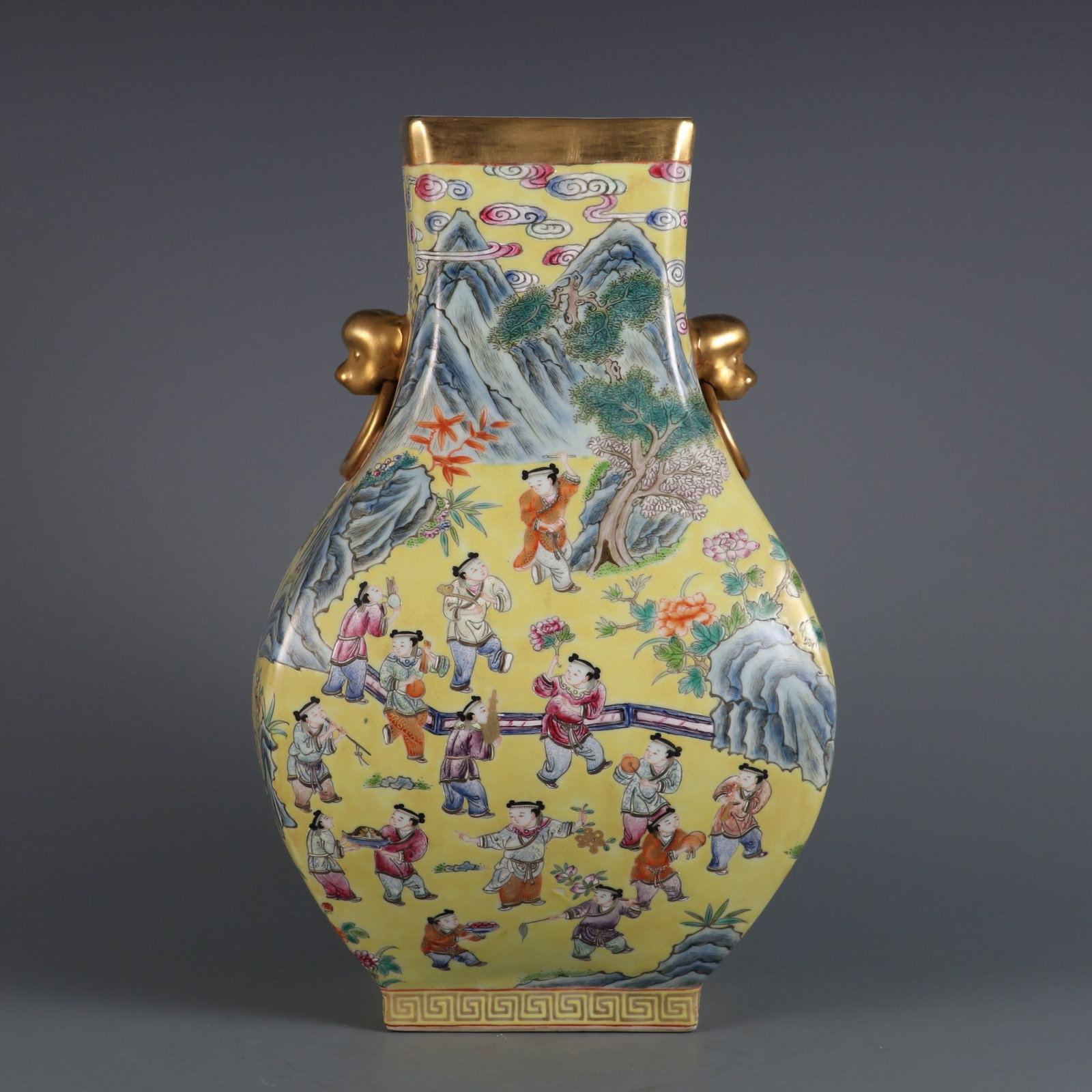An Exquisite Yellow Ground Famille-Rose Figures Pattern Beast-Ears Vase: An Exquisite Yellow Ground Famille-Rose Figures Pattern Beast-Ears Vase,Qing Dynasty, China,Qianlong Six‑character Mark,Size:12.3inx7.3inx3.9in 黄地粉彩人物&#