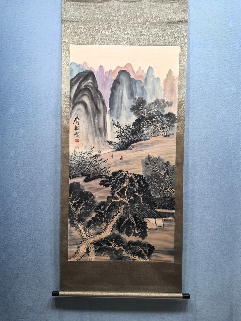 A Chinese Vertical Scroll Ink Painting of Landscape on Paper: A Chinese Vertical Scroll Ink Painting of Landscape on Paper,Modern Time of China,Qi Baishi,without frame size:27.2inx54.8in 一幅中国水墨纸本山