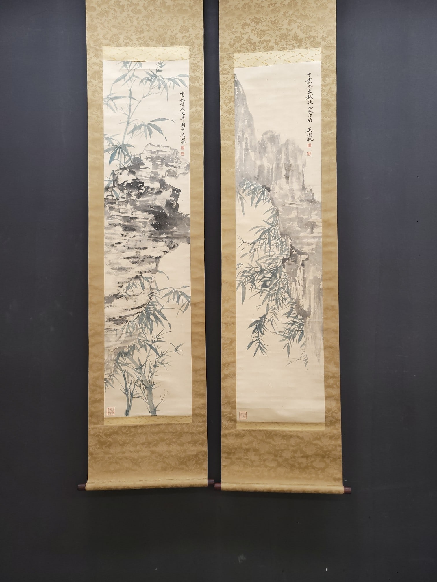 A pair of Chinese Vertical Scroll Ink Painting of Landscape on Paper: A pair of Chinese Vertical Scroll Ink Painting of Landscape on Paper,Modern Time of China,Wu Hufan,without frame size:12.8inx52.6in 一对中国水墨纸本