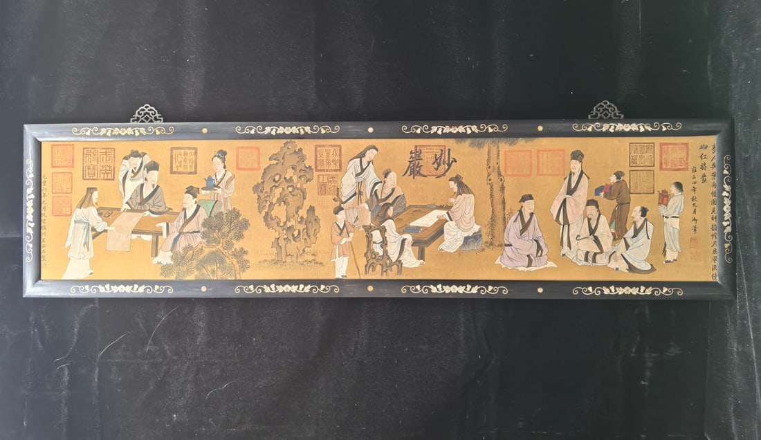 A Chinese Ink Painting of Figures on Silk, With a Frame: A Chinese Ink Painting of Figures on Silk, With a Frame,Song Dynasty, China,Wang Anshi,without frame size:20.3inx80.7in 一幅中国水墨绢本人物