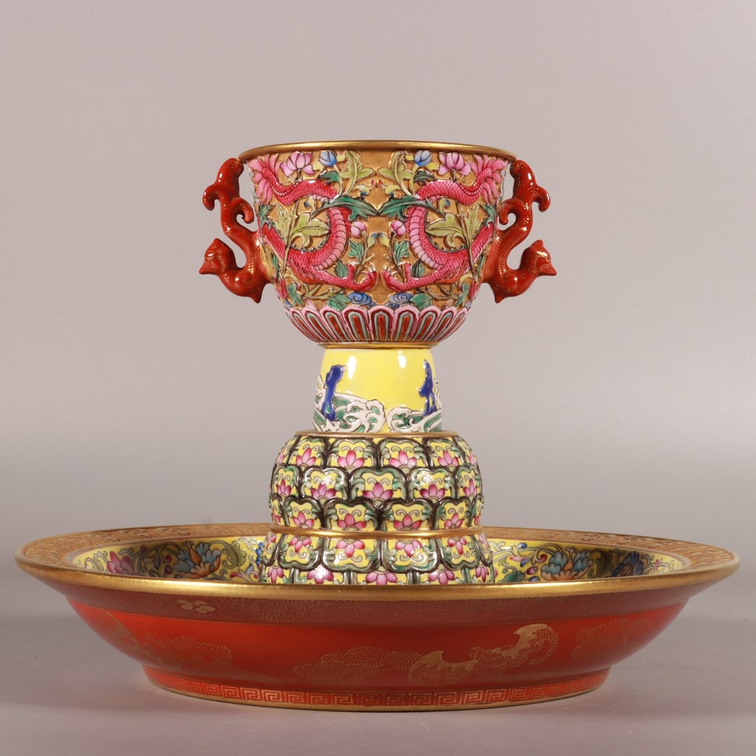 An Exquisite Enamel Gold Ground Dragon Pattern Cup: An Exquisite Enamel Gold Ground Dragon Pattern Cup,Qing Dynasty, China,Qianlong Six-character Mark,Size:6.7inx8.7in