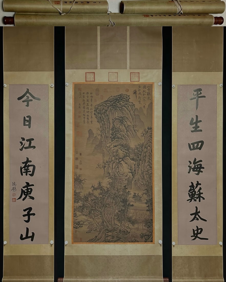 A Set of Chinese Vertical Scroll Ink Paintings of Landscape on Silk: A Set of Chinese Vertical Scroll Ink Paintings of Landscape on Silk,Song Dynasty, China,Emperor Huizong of Song,without frame size:26.4inx52.8inx13.4in