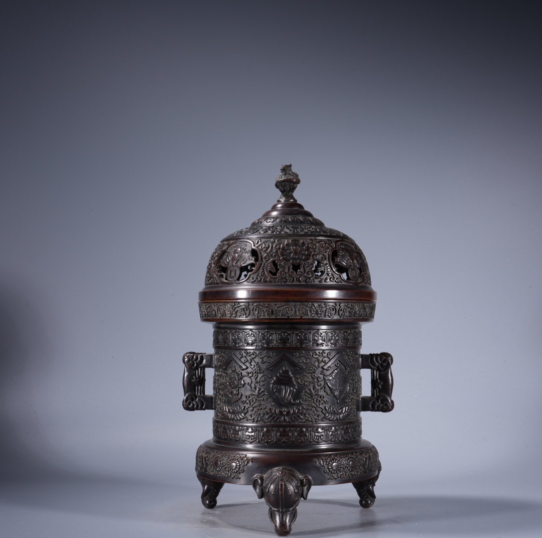 An Exquisite Purple Copper Double‑Ears Elephant‑Legs Censer: An Exquisite Purple Copper Double‑Ears Elephant‑Legs Censer,Ming Dynasty, China,With Mark,Size:12.2inx6.1in,Weight:7605g