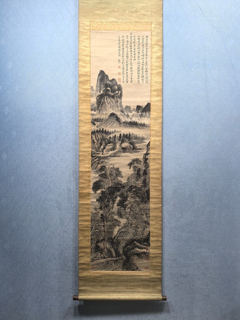 A Chinese Vertical Scroll Ink Painting of Landscape on Paper: A Chinese Vertical Scroll Ink Painting of Landscape on Paper,Qing Dynasty, China,Shi Tao,without frame size:13.8inx55.5in