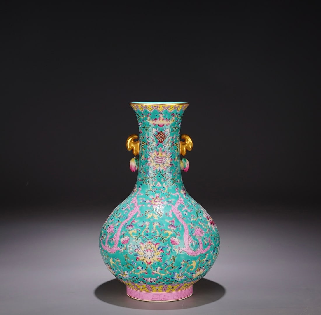 An Exquisite Enamel Green Ground Dragon Pattern Double-Ears Vase: An Exquisite Enamel Green Ground Dragon Pattern Double-Ears Vase,Qing Dynasty, China,Yongzheng Four-character Mark,Size:11.8inx6.7in 珐琅彩绿地龙纹双