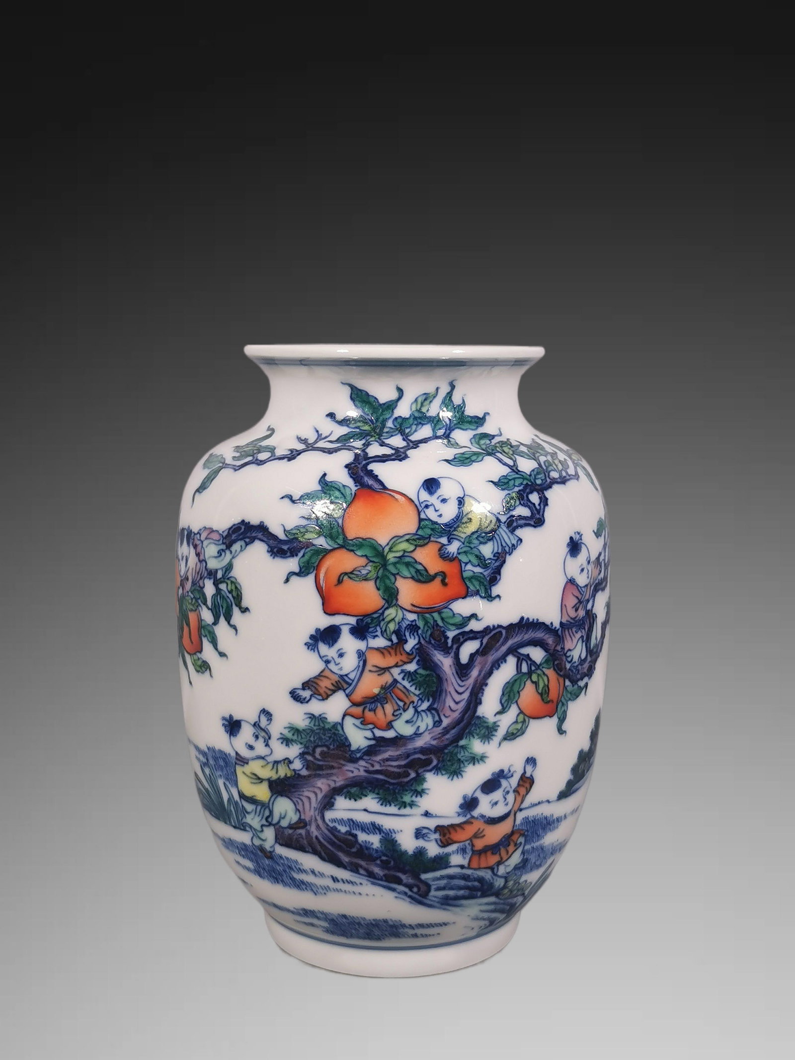 An Exquisite Blue and White Doucai Figures Pattern Vase: An Exquisite Blue and White Doucai Figures Pattern Vase,Qing Dynasty, China,Yongzheng Six-character Mark,Size:6.9inx3.4inx4.7in 青花斗彩人物纹瓶,中