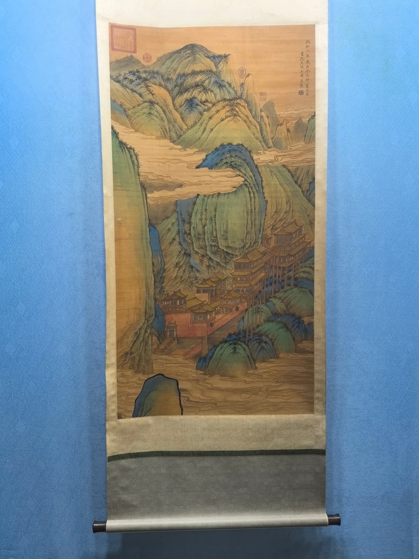 A Chinese Vertical Scroll Ink Painting of Landscape on Silk: A Chinese Vertical Scroll Ink Painting of Landscape on Silk,Song Dynasty, China,Wang Ximeng,without frame size:25.8inx50in 一幅中国水墨绢本山ĕ