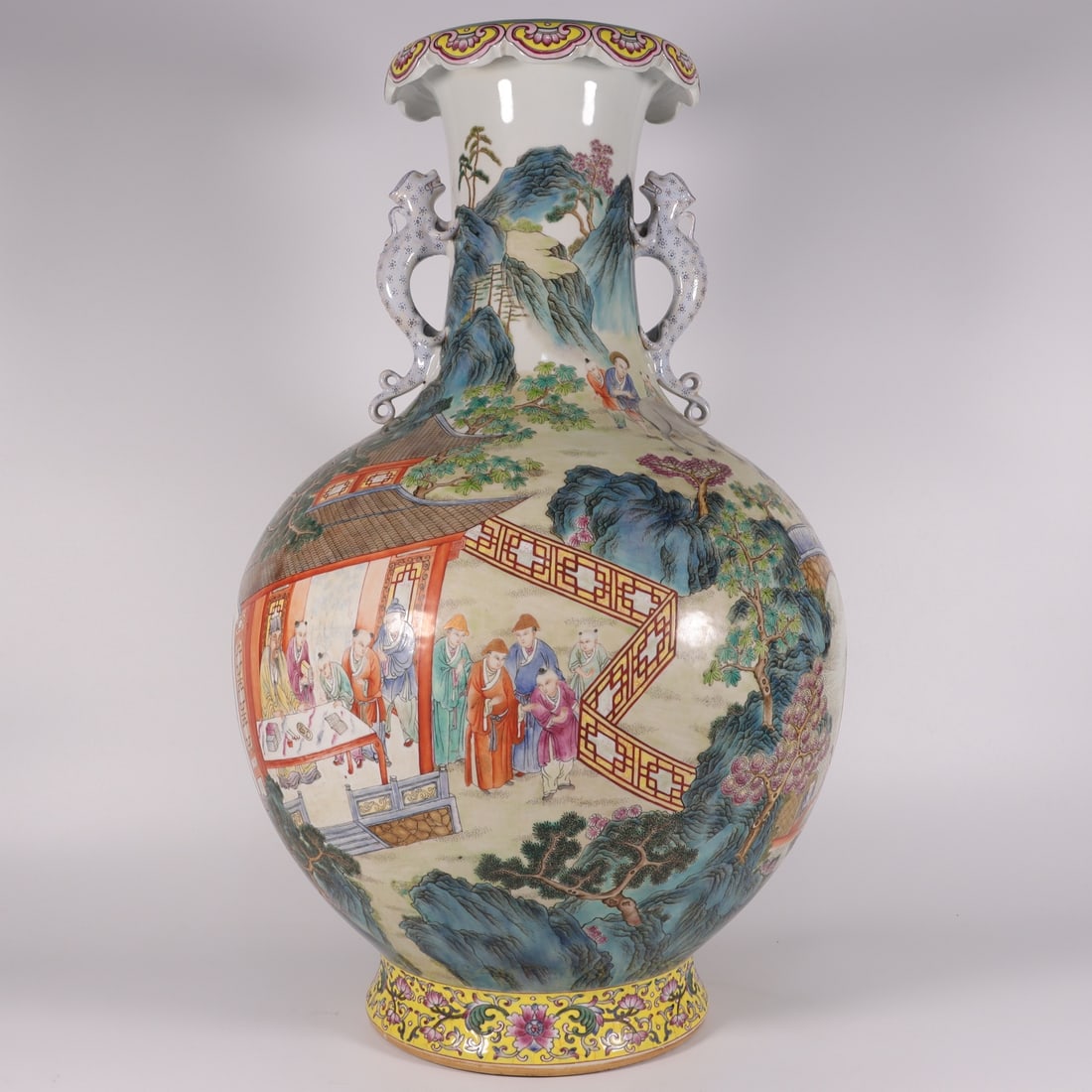 An Exquisite Famille-Rose Figures Pattern Dragon-Ears Vase: An Exquisite Famille-Rose Figures Pattern Dragon-Ears Vase,Qing Dynasty, China,Qianlong Six-character Mark,Size:22.4inx7.5inx14.2inx8.1in 粉彩人物纹龙耳ல