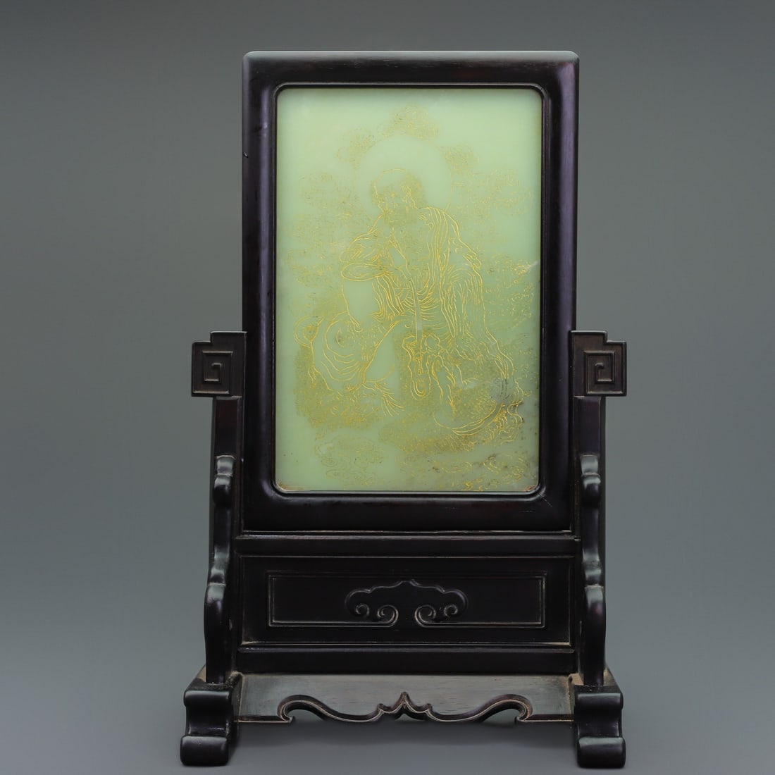 An Exquisite Sandalwood Inlaid Hotan Jade Arhat Pattern Table Screen: An Exquisite Sandalwood Inlaid Hotan Jade Arhat Pattern Table Screen,Qing Dynasty,China,Size:15inx9.1inx5.9in,Weight:1650g