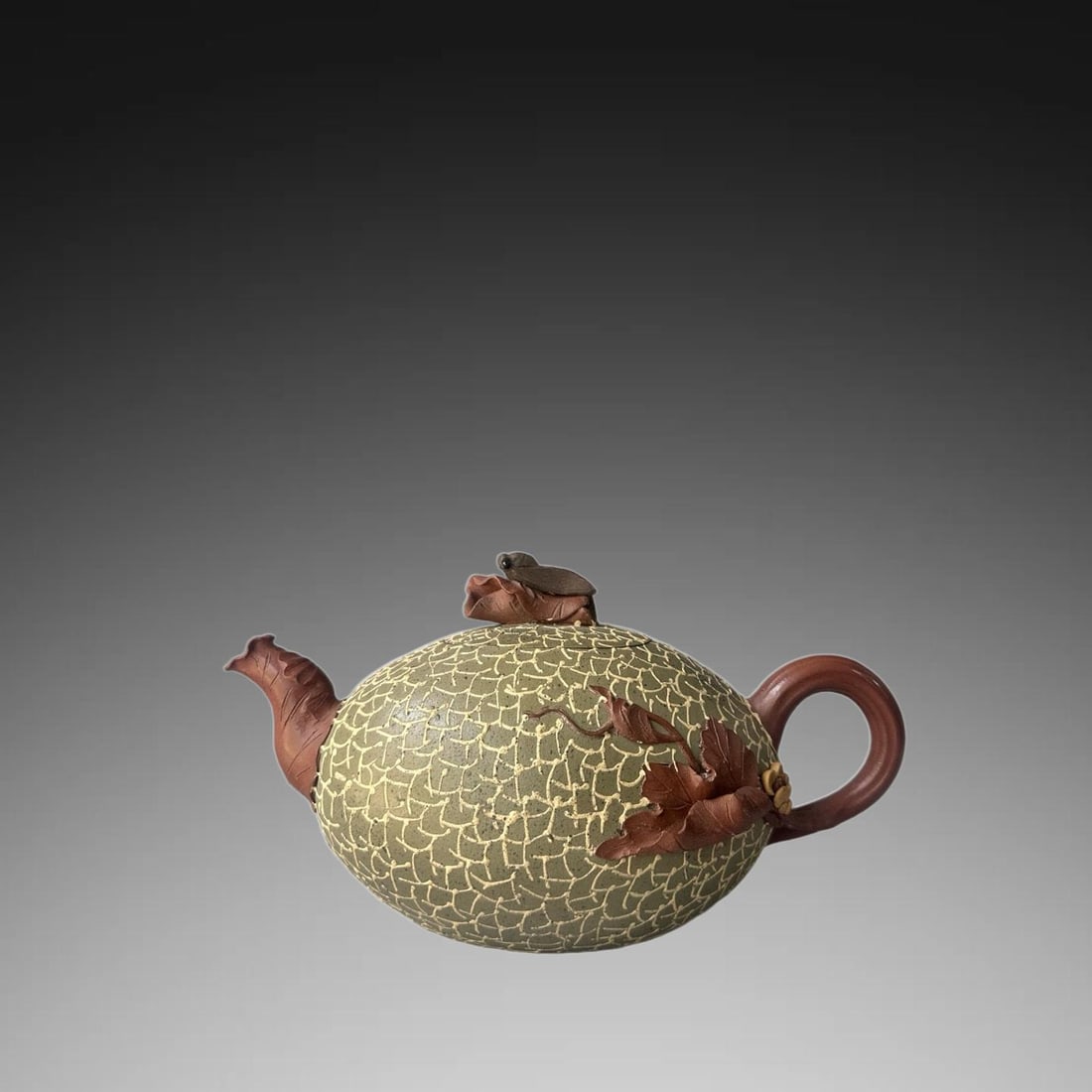 A Exquisite Purple Sands Cicada Knob Melon Shape Bottle: A Exquisite Purple Sands Cicada Knob Melon Shape Bottle,Republic of China,With Mark,Size:7.9inx4.3in 紫砂蝉钮瓜形壶,民国,带款