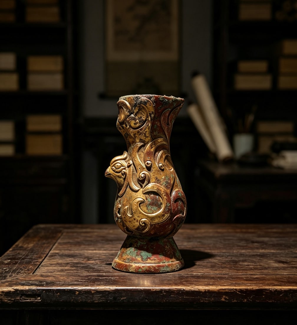 An Exquisite Gilt Bronze Phoenix‑Bird Cup: An Exquisite Gilt Bronze Phoenix‑Bird Cup,Han Dynasty, China,Size:5.5inx2.6inx2in 铜鎏金凤鸟杯,中国汉代