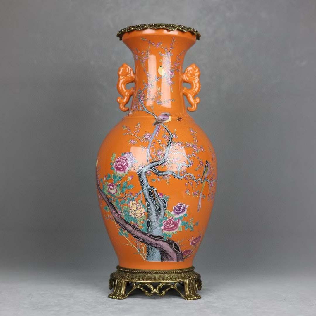 An Exquisite Orange Ground Famille-Rose Flower and Bird Pattern Copper-Inlaid Double-Ears Vase: An Exquisite Orange Ground Famille-Rose Flower and Bird Pattern Copper-Inlaid Double-Ears Vase,Qing Dynasty, China,Kangxi Six-character Mark,Size:18.5inx6.1inx7.5inx6.7in 橘地粉ô