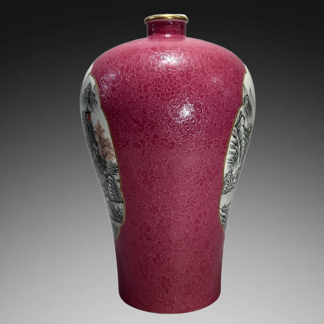 An Exquisite Ruby Red-Glazed Ink Color Landscape Pattern Vase - 3