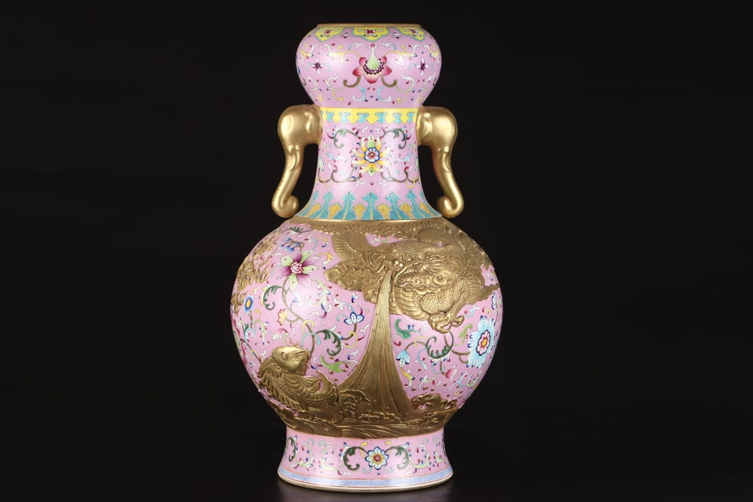 An Exquisite Ruby Red Ground Famille-Rose Painted Gold Dragon Pattern Elephant-Ears Vase: An Exquisite Ruby Red Ground Famille-Rose Painted Gold Dragon Pattern Elephant-Ears Vase,Qing Dynasty, China,Qianlong Six-character Mark,Size:19.3inx11.6in 胭脂红地粉
