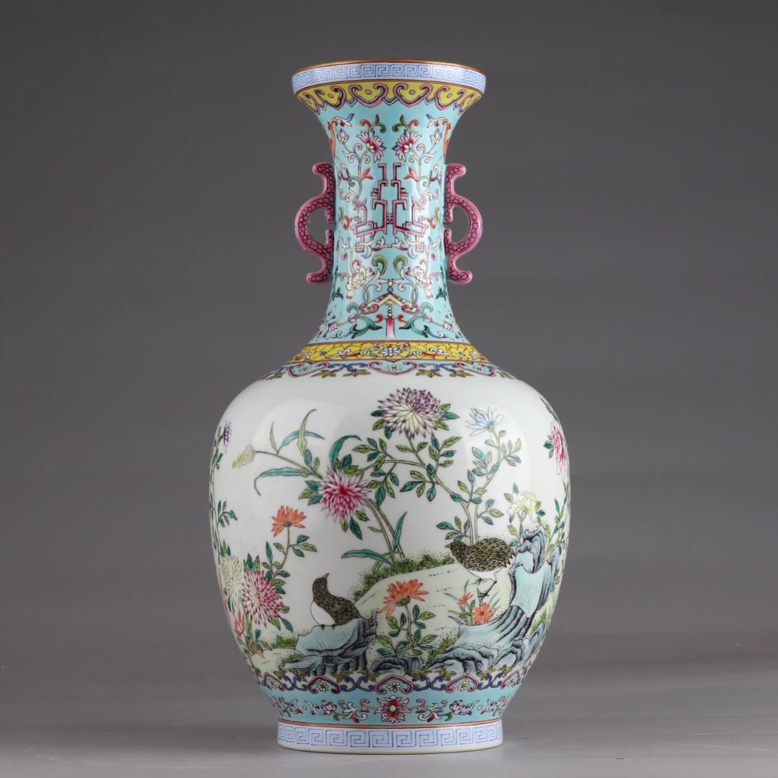 An Exquisite Famille-Rose Painted Gold Flower and Bird Pattern Double-Ears Vase: An Exquisite Famille-Rose Painted Gold Flower and Bird Pattern Double-Ears Vase,Qing Dynasty, China,Qianlong Six‑character Mark,Size:12.8inx6.6in 粉彩描金花鸟