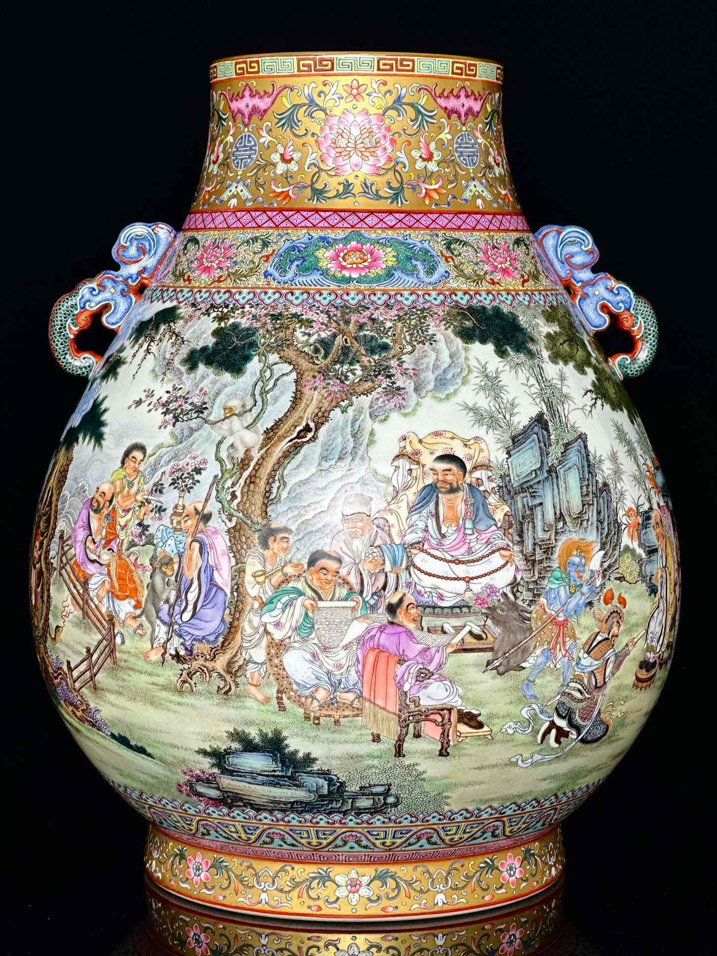 A Huge Famille-Rose Gold Ground Painted Gold Character and Story Pattern Double-Ears Vase: A Huge Famille-Rose Gold Ground Painted Gold Character and Story Pattern Double-Ears Vase,Qing Dynasty,China,Qianlong Six-character Mark,Size:19.1inx14.9inx10in粉彩金地描