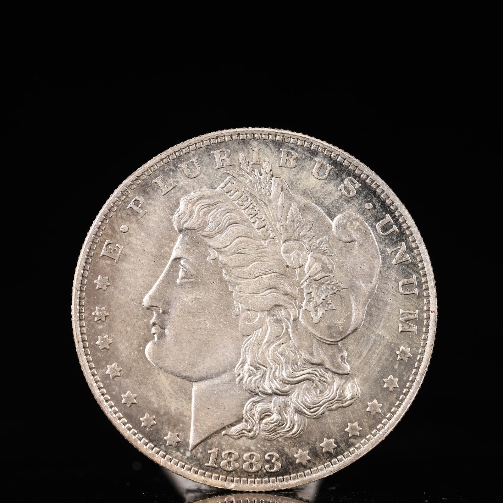 USA Morgan Dollar 1883 Coin: Obv: profile bust with date below and E PLURIBUS UNUM legend and stars around. Rev: eagle with In God we trust above within wreath with UNITED STATES OF AMERICA ONE DOLLAR legend. IN GOD WE TRUST / LI