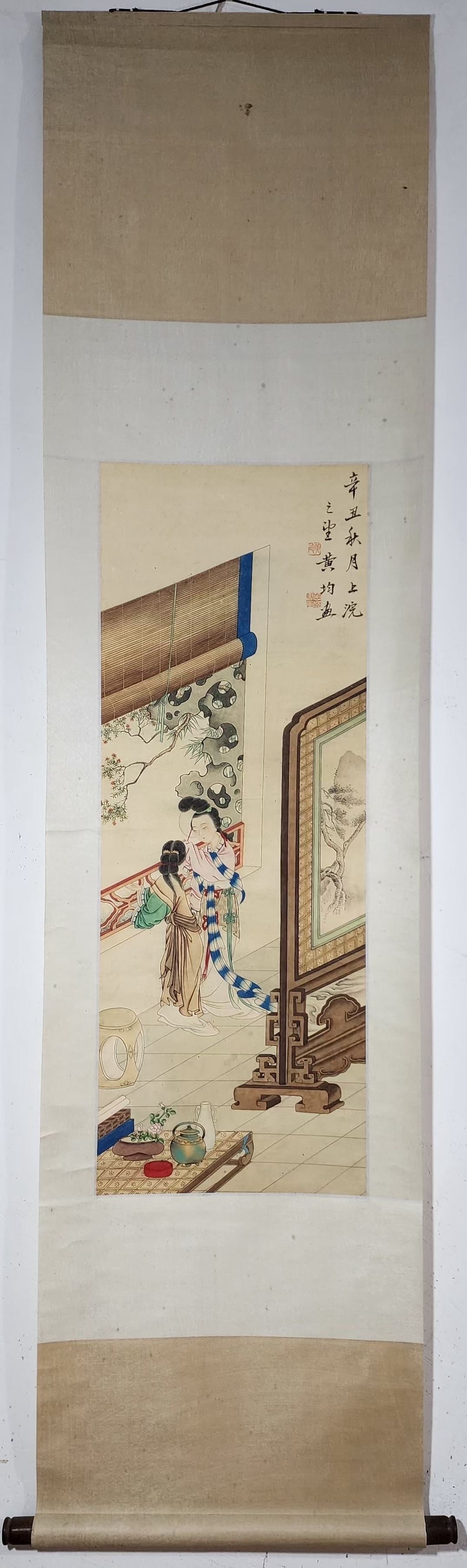 A Chinese Vertical Scroll Ink Painting of Woman on Paper,Huang Jun: A Chinese Vertical Scroll Ink Painting of Woman on Paper,Huang Jun,Size:(Without frame)37.4inx13.8in一幅中国水墨仕女图立轴,黄