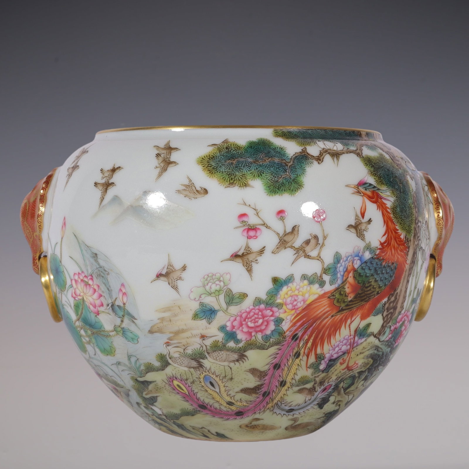 An Exquisite Enamel Painted Gold Flower and Bird Pattern Lion-Ears Water Pot: An Exquisite Enamel Painted Gold Flower and Bird Pattern Lion-Ears Water Pot,Qing Dynasty, China,Yongzheng Six-character Mark,Size:4.3inx5.3inx2.2in珐琅彩描金花(