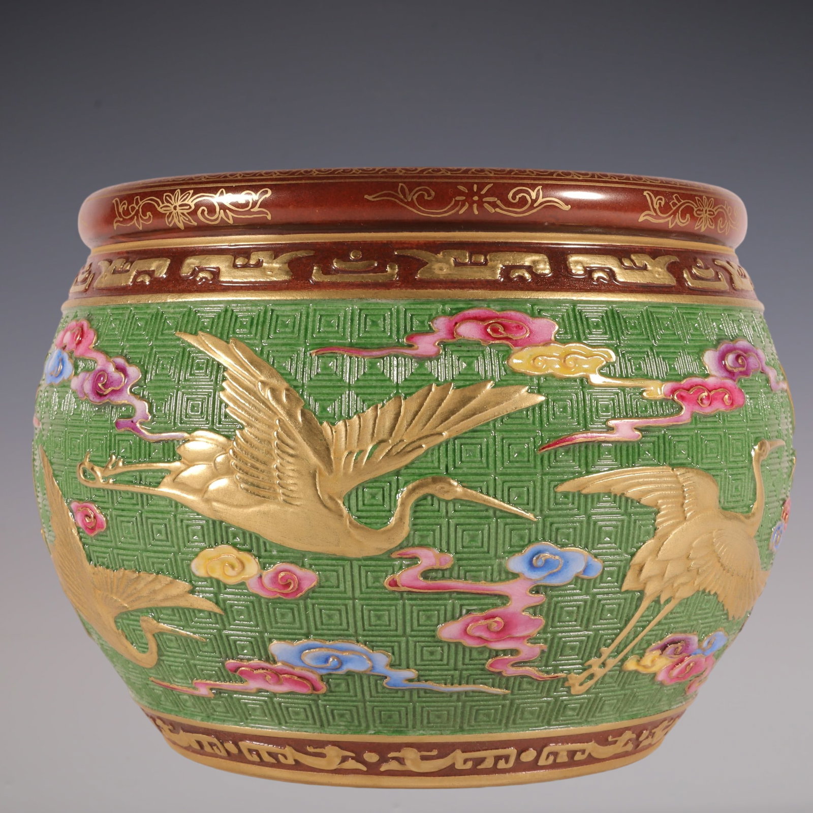 An Exquisite Enamel Green Ground Painted Gold Auspicious Cloud and Crane Pattern Water Pot (1 of 8)