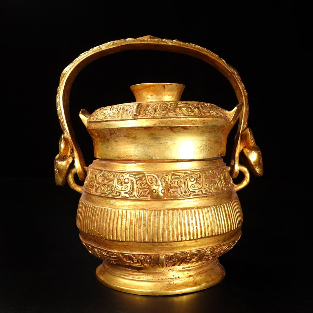 An Exquisite Gilt Bronze Beast-Face Pattern Jar with Cover,With Inscription: An Exquisite Gilt Bronze Beast-Face Pattern Jar with Cover,With Inscription,Han