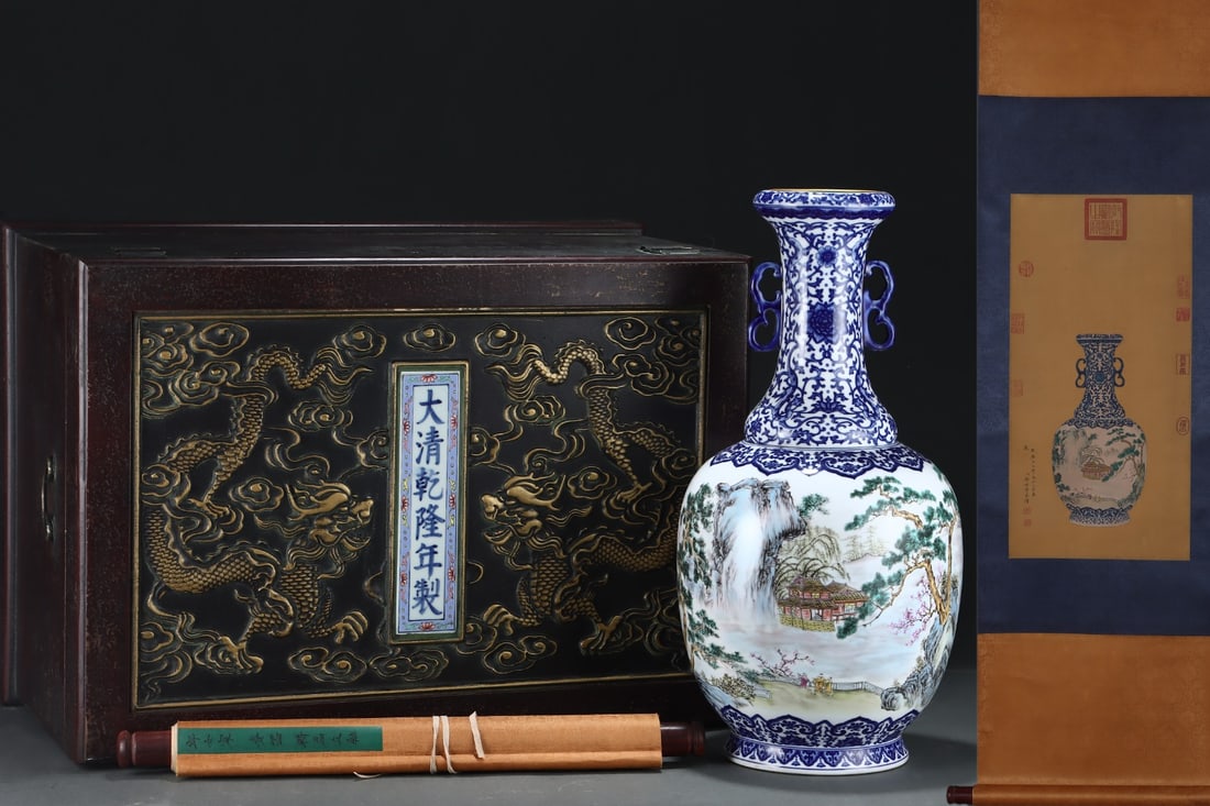 A Huge Blue and White Famille-Rose Painted Gold Landscape and Figure Pattern Double-Ears Vase,With: A Huge Blue and White Famille-Rose Painted Gold Landscape and Figure Pattern Double-Ears Vase,With Vertical Scroll Painting on Silk,Qing Dynasty, China,Qianlong Six-character Mark,Size:21.5inx10.6in,(