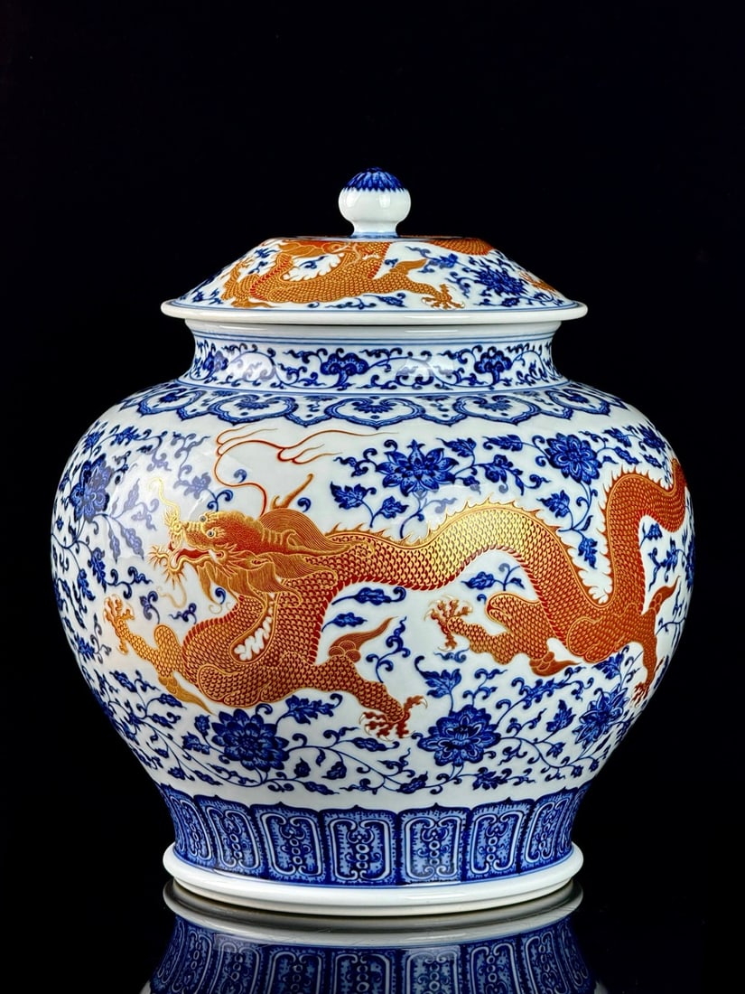 A Rare Blue and White Iron-Red Painted Gold Lotus and Dragon Pattern Jar with Cover: A Rare Blue and White Iron-Red Painted Gold Lotus and Dragon Pattern Jar with Cover,Qing Dynasty,China,Qianlong Six-character