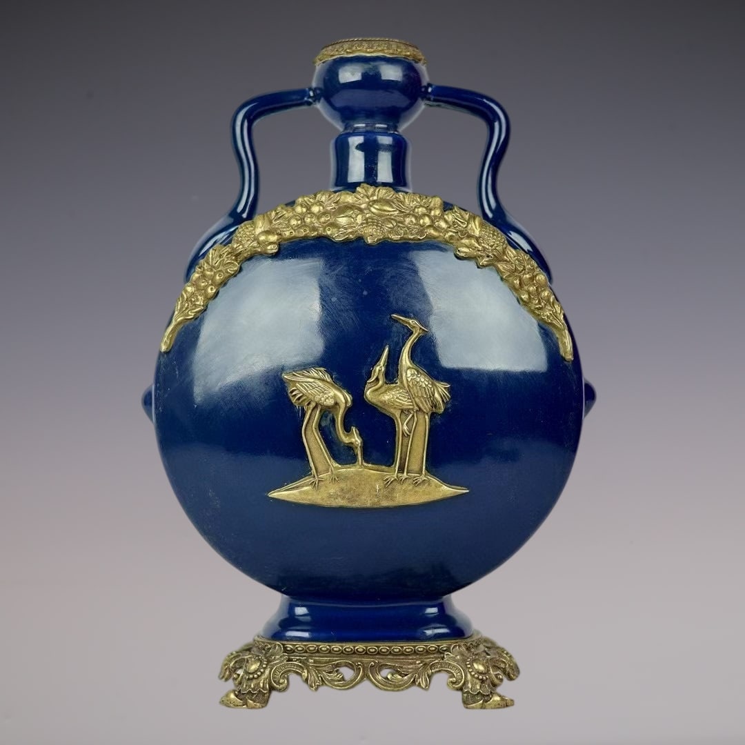 A Huge Ji Blue Glazed Inlaid Bronze Crane Pattern Double-Ears Vase: A Huge Ji Blue Glazed Inlaid Bronze Crane Pattern Double-Ears Vase,Qing Dynasty,China,Yongzheng Six-character