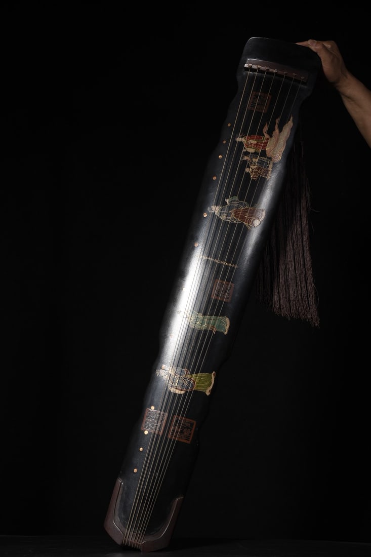 A Huge Wooden Lacquerware Painted Gold Figure Pattern Guqin: A Huge Wooden Lacquerware Painted Gold Figure Pattern Guqin,Qing