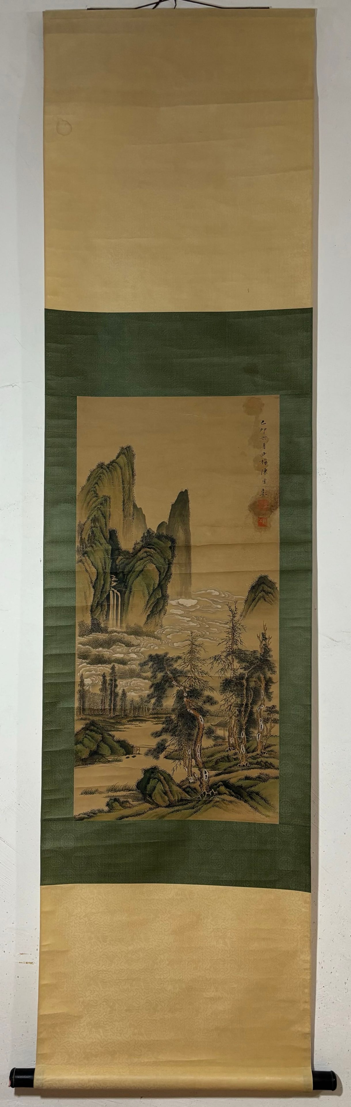 A Chinese Vertical Scroll Ink Painting of Landscape on Paper,Chen Shaomei: A Chinese Vertical Scroll Ink Painting of Landscape on Paper,Chen Shaomei,Size:(Without frame)33.1inx15.9in一幅中国水墨山水画立轴,&