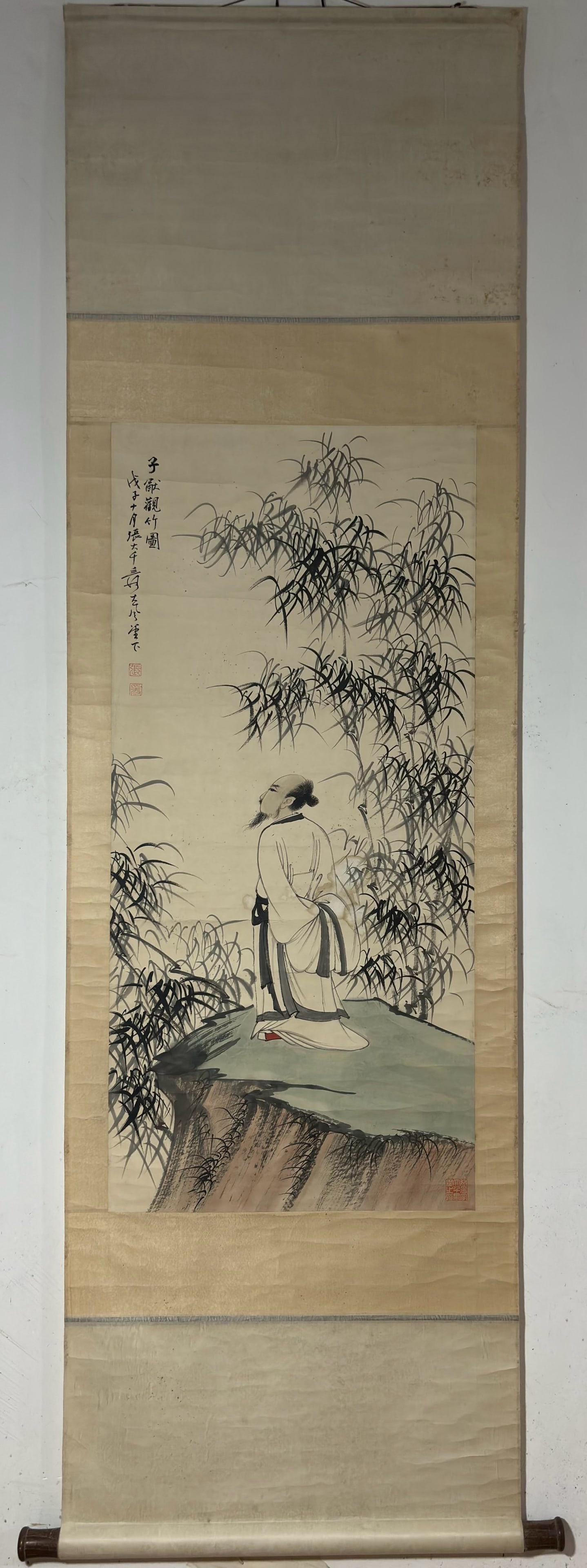 A Chinese Vertical Scroll Ink Painting of Figure and Bamboo on Paper,Zhang Daqian: A Chinese Vertical Scroll Ink Painting of Figure and Bamboo on Paper,Zhang Daqian,Size:(Without frame)37inx17.3in一幅中国水墨人物竹子图