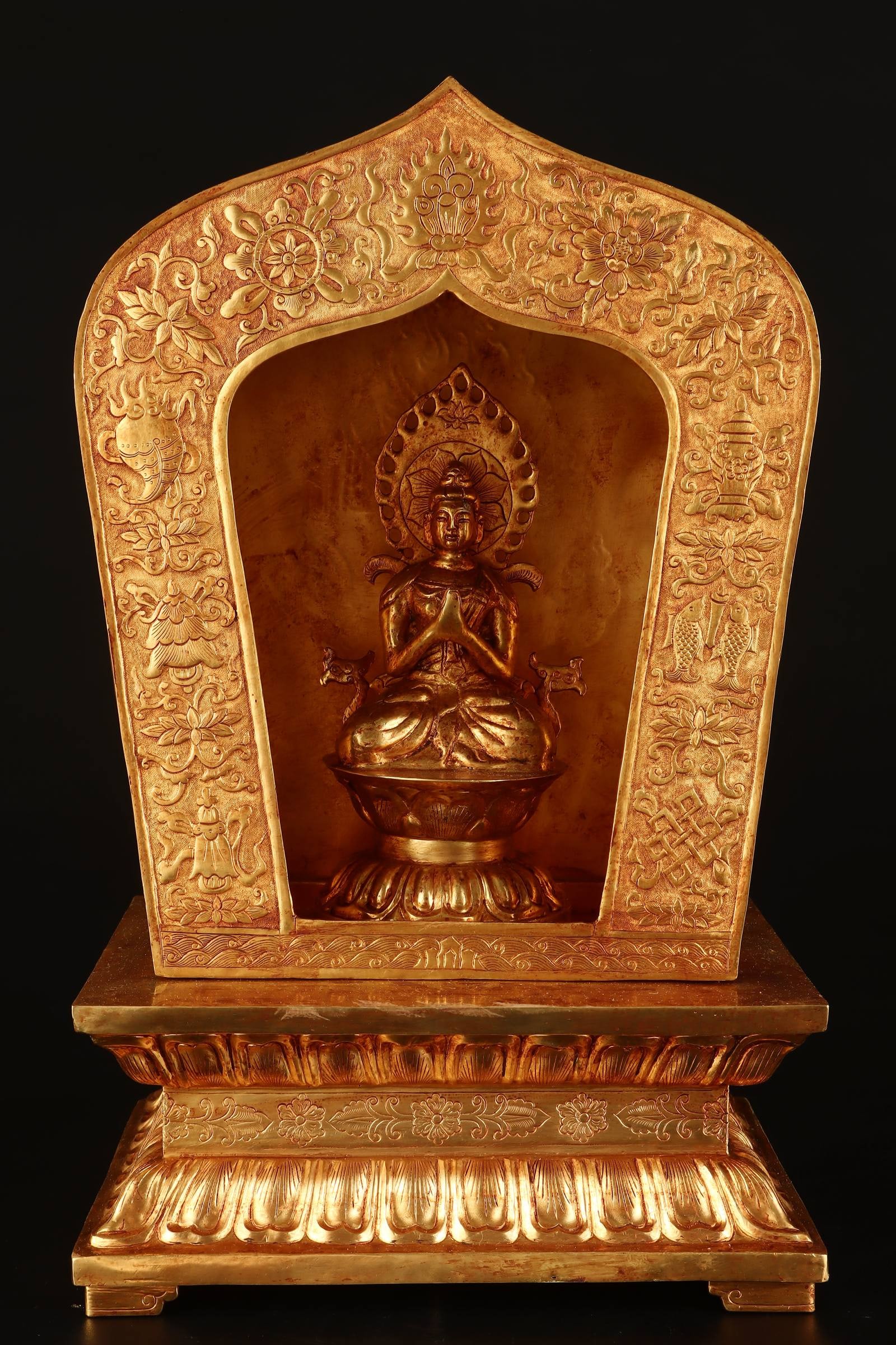 A Rare Gilt Bronze Lotus and Eight Treasures Pattern Niche: A Rare Gilt Bronze Lotus and Eight Treasures Pattern Niche,Qing Dynasty,China,Qianlong Four-character