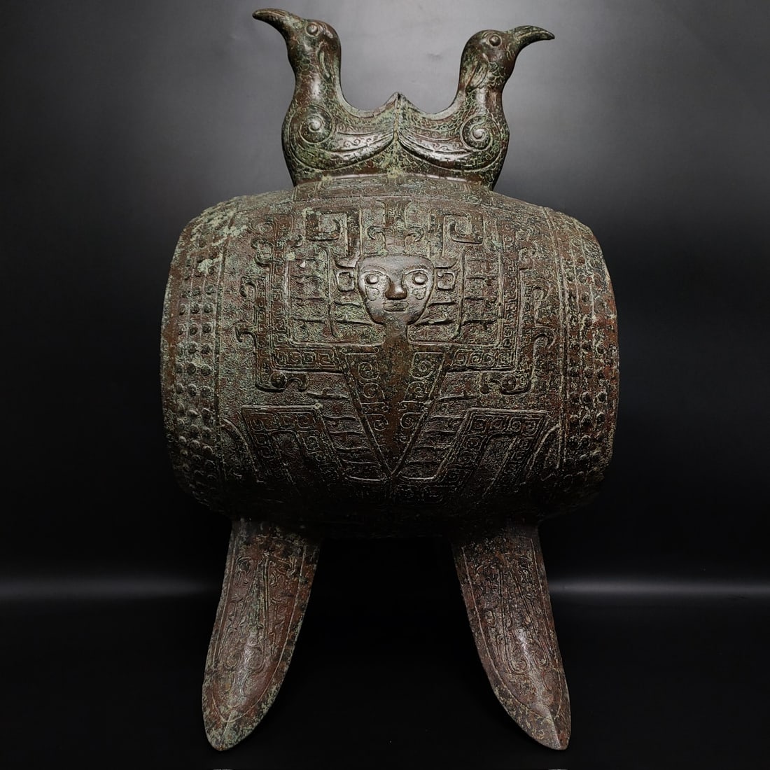 An Archaic Bronze Beast-Face Pattern Bird-Shaped Four Legs Ornament,With Inscription: An Archaic Bronze Beast-Face Pattern Bird-Shaped Four Legs Ornament,With Inscription,Qing Dynasty,