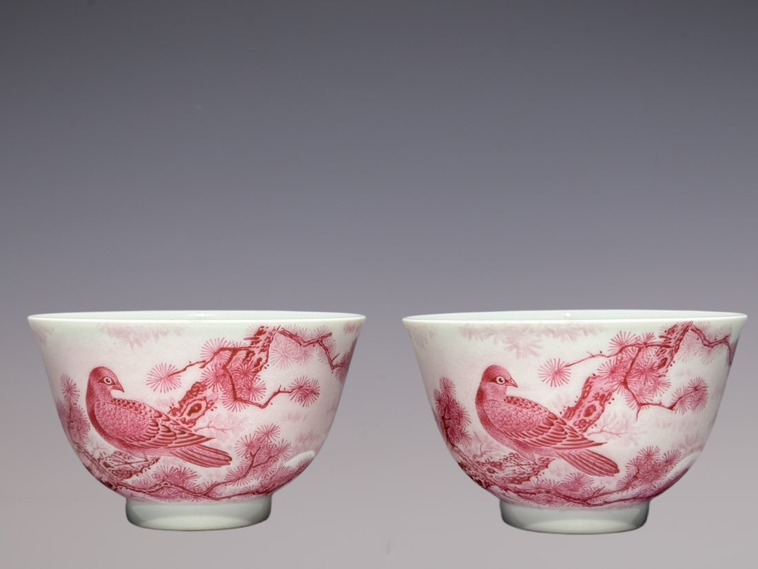 A Pair of Exquisite Enamel Red Color Pine and Eagle Pattern Cup,With Poem: A Pair of Exquisite Enamel Red Color Pine and Eagle Pattern Cup,With Poem,Qing Dynasty, China,Yongzheng Four-character