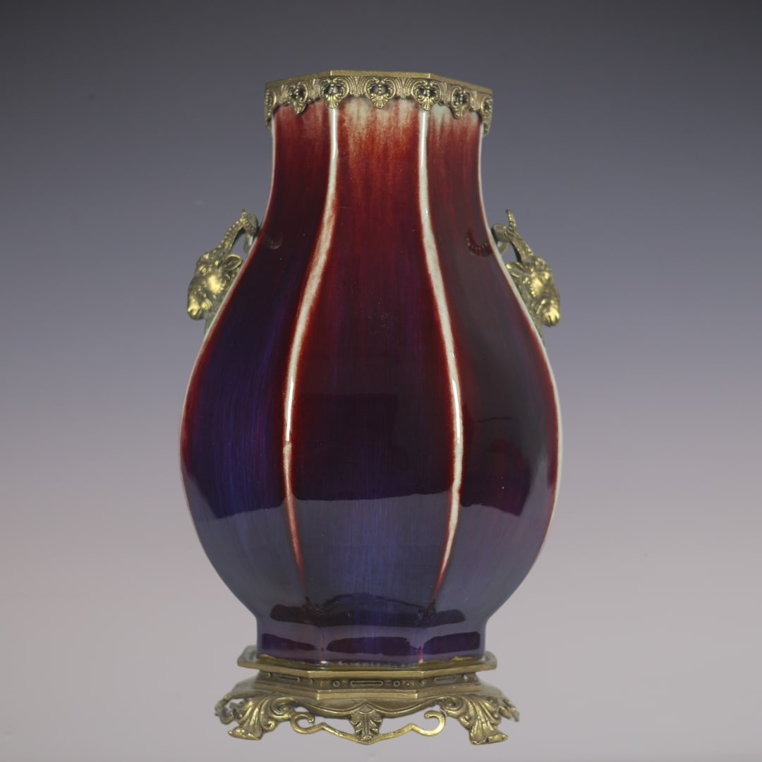 A Huge Flambe Glazed Inlaid Bronze Sheep-Ears Vase: A Huge Flambe Glazed Inlaid Bronze Sheep-Ears Vase,Qing Dynasty,China,Yongzheng Six-character
