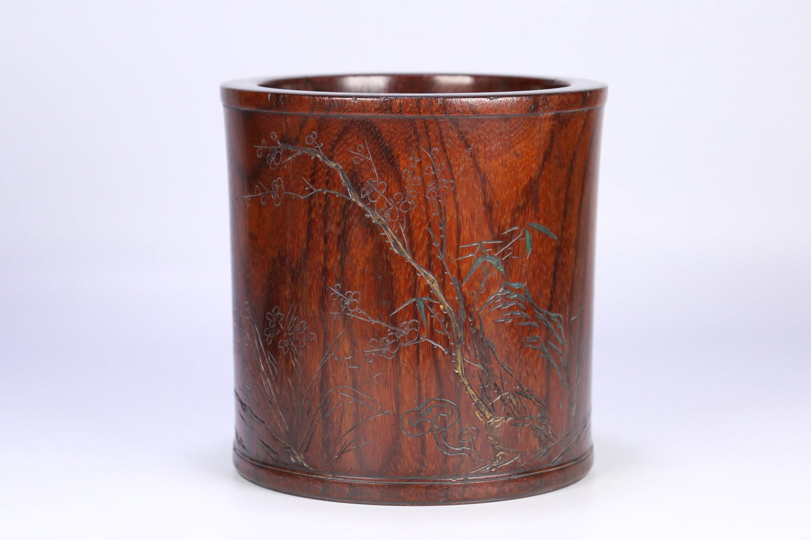 An Exquisite Huanghuali wood Plum Blossom,Orchid Bamboo and Chrysanthemum Pattern Brush Pot,With: An Exquisite Huanghuali wood Plum Blossom,Orchid Bamboo and Chrysanthemum Pattern Brush Pot,With Poem,Qing