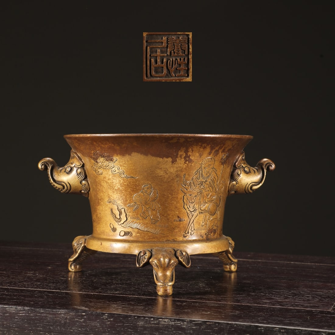An Exquisite Bronze Figure Pattern Elephant-Ears Elephant-Legs Censer,With Poem: An Exquisite Bronze Figure Pattern Elephant-Ears Elephant-Legs Censer,With Poem,Ming Dynasty,China,With
