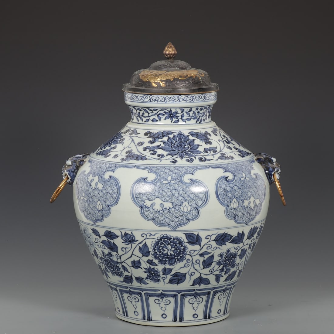 A Huge Blue and White Lotus and Seawater Pattern Beast-Ears Jar,With Gilt Silver Cover: A Huge Blue and White Lotus and Seawater Pattern Beast-Ears Jar,With Gilt Silver Cover,Yuan