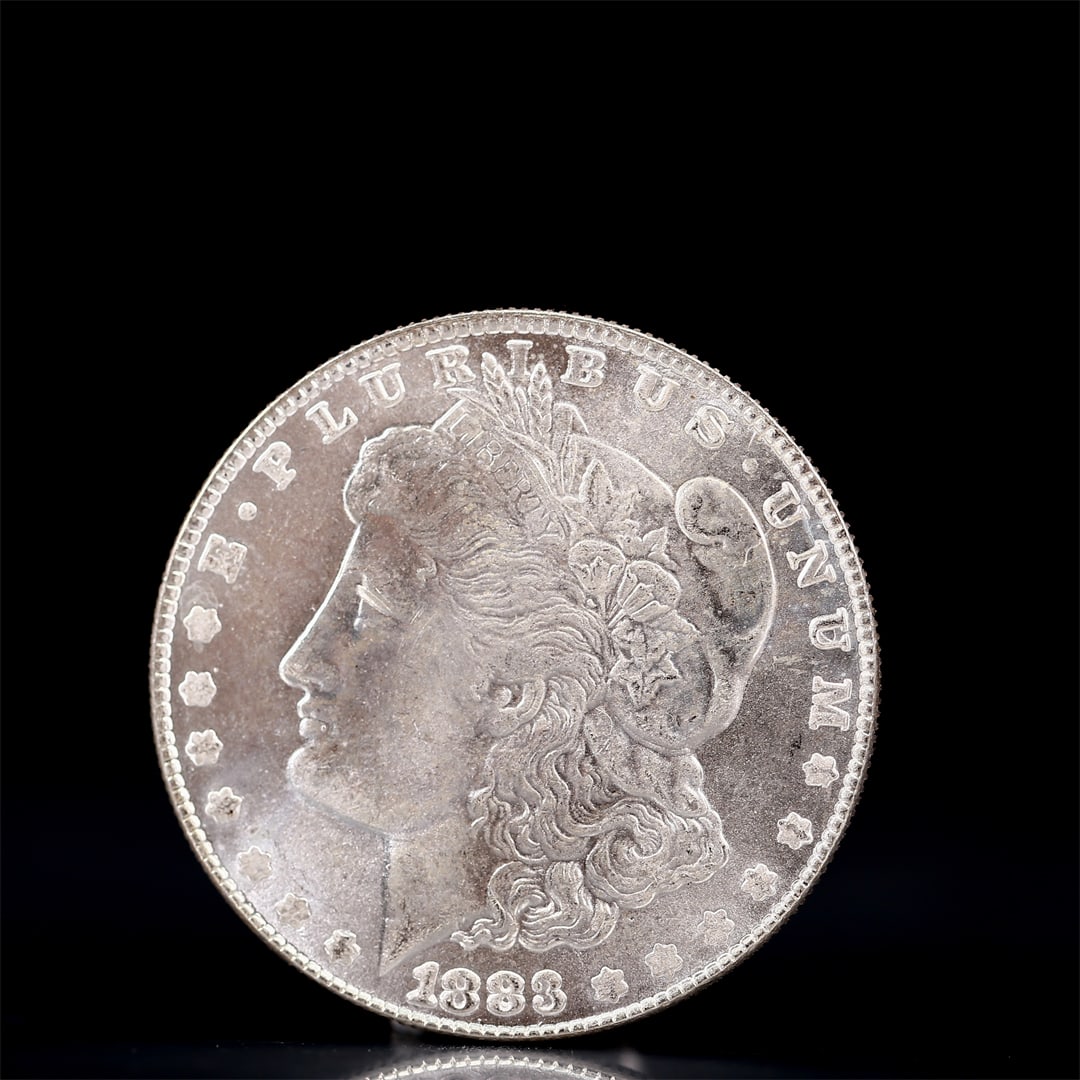 USA Morgan Dollar 1883 Coin: Obv: profile bust with date below and E PLURIBUS UNUM legend and stars around. Rev: eagle with In God we trust above within wreath with UNITED STATES OF AMERICA ONE DOLLAR legend. IN GOD WE TRUST /