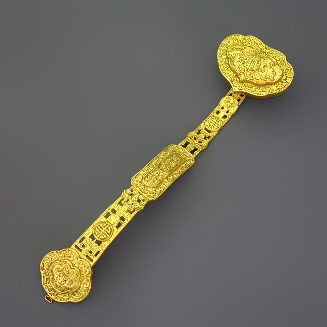 A Rare Gilt Silver Hollow Bats and Peach Pattern Ruyi: A Rare Gilt Silver Hollow Bats and Peach Pattern Ruyi,Qing