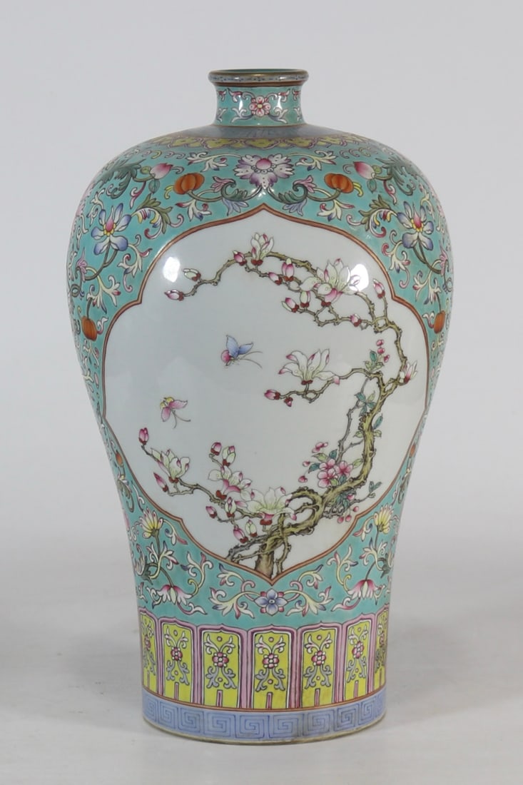 A Rare Turquoise Ground Famille-Rose Painted Gold Flower and Butterfly Pattern Vase: A Rare Turquoise Ground Famille-Rose Painted Gold Flower and Butterfly Pattern Vase,Qing Dynasty, China,Yongzheng Six-character