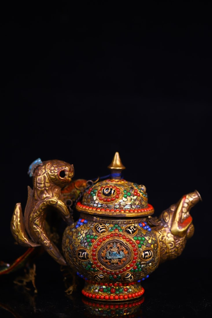 An Exquisite Bronze Inlaid Dzi Bead and Gems Beast-head Teapot: An Exquisite Bronze Inlaid Dzi Bead and Gems Beast-head Teapot,Qing