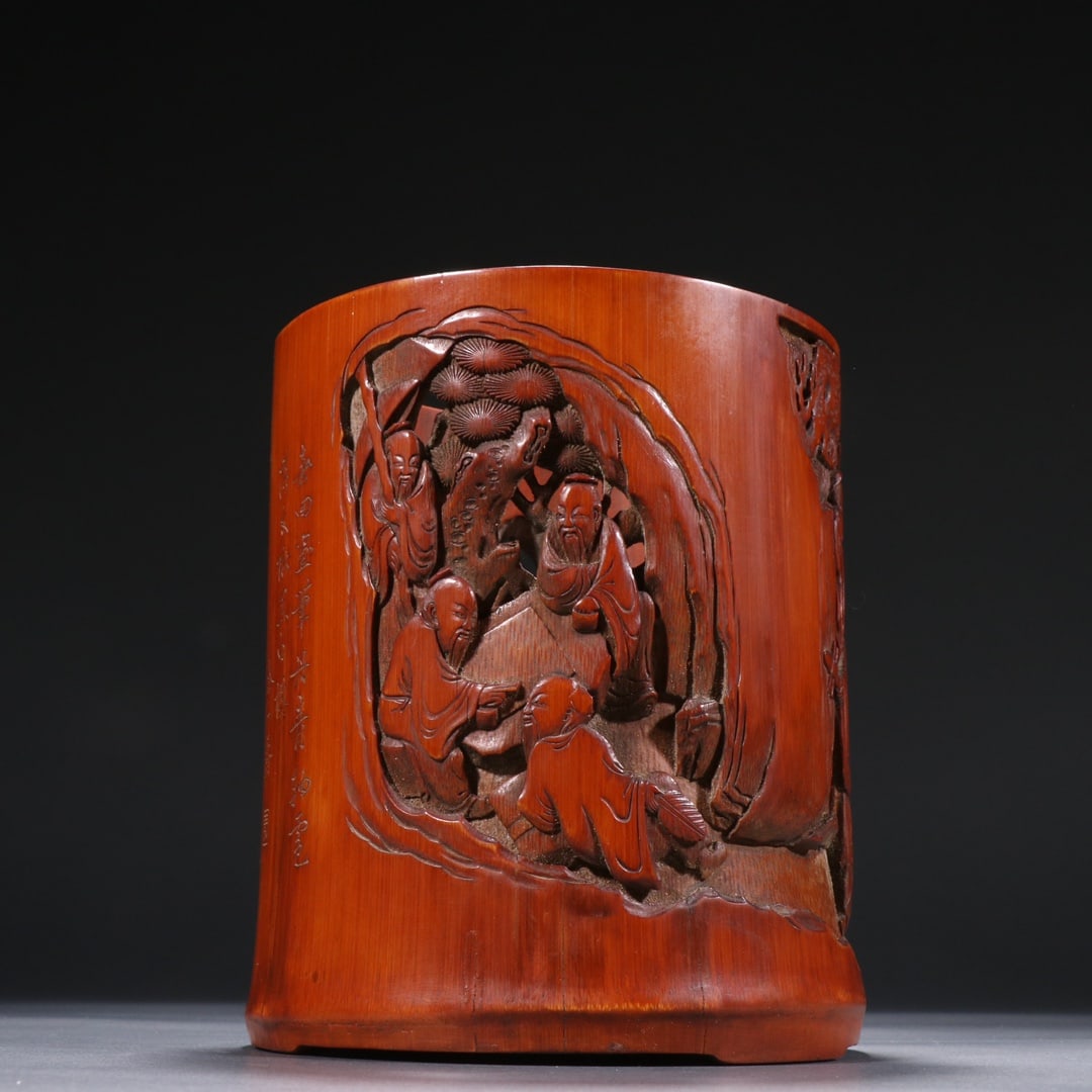 An Exquisite Bamboo Character and Story Pattern Brush Pot,With Poem: An Exquisite Bamboo Character and Story Pattern Brush Pot,With Poem,Qing